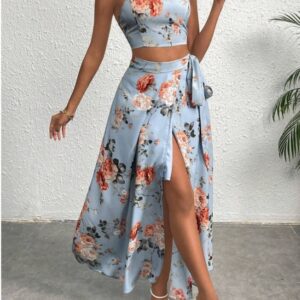 Conjunto Estampado Fenda Lateral azul